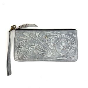 Leaders In Leather Wristlet Handmade Tooled Gray Brown Clutch Brand New
